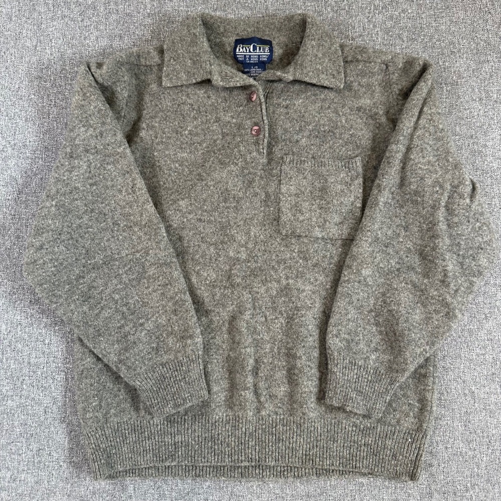Bay Club Vintage Lambswool Sweater Mens Large Gray Polo‎ Neck Knit Pullover Gray